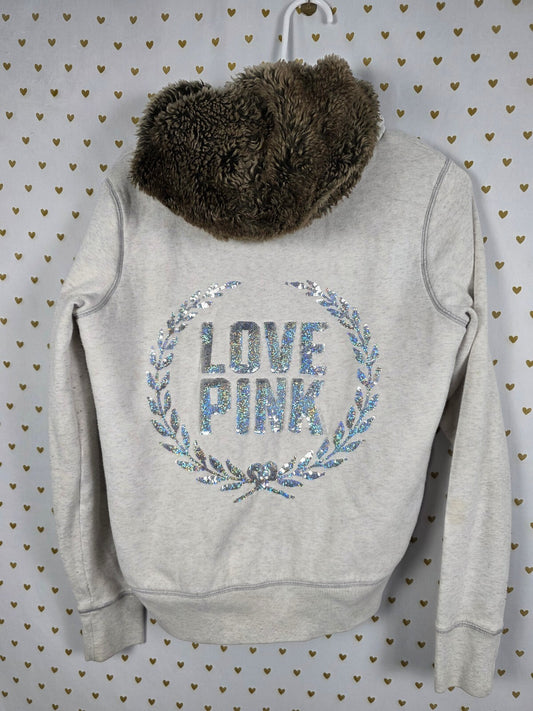 Victoria’s Secret PINK LOVE PINK Sequin BLING Faux Fur Zip Hoodie S Rare