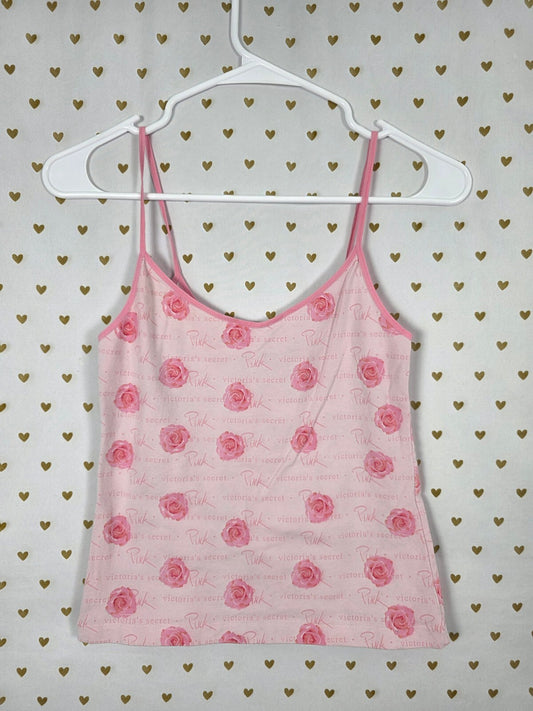 Victoria's Secret PINK Rose Print Cami Tank Top Pink Floral Logo Medium Vintage