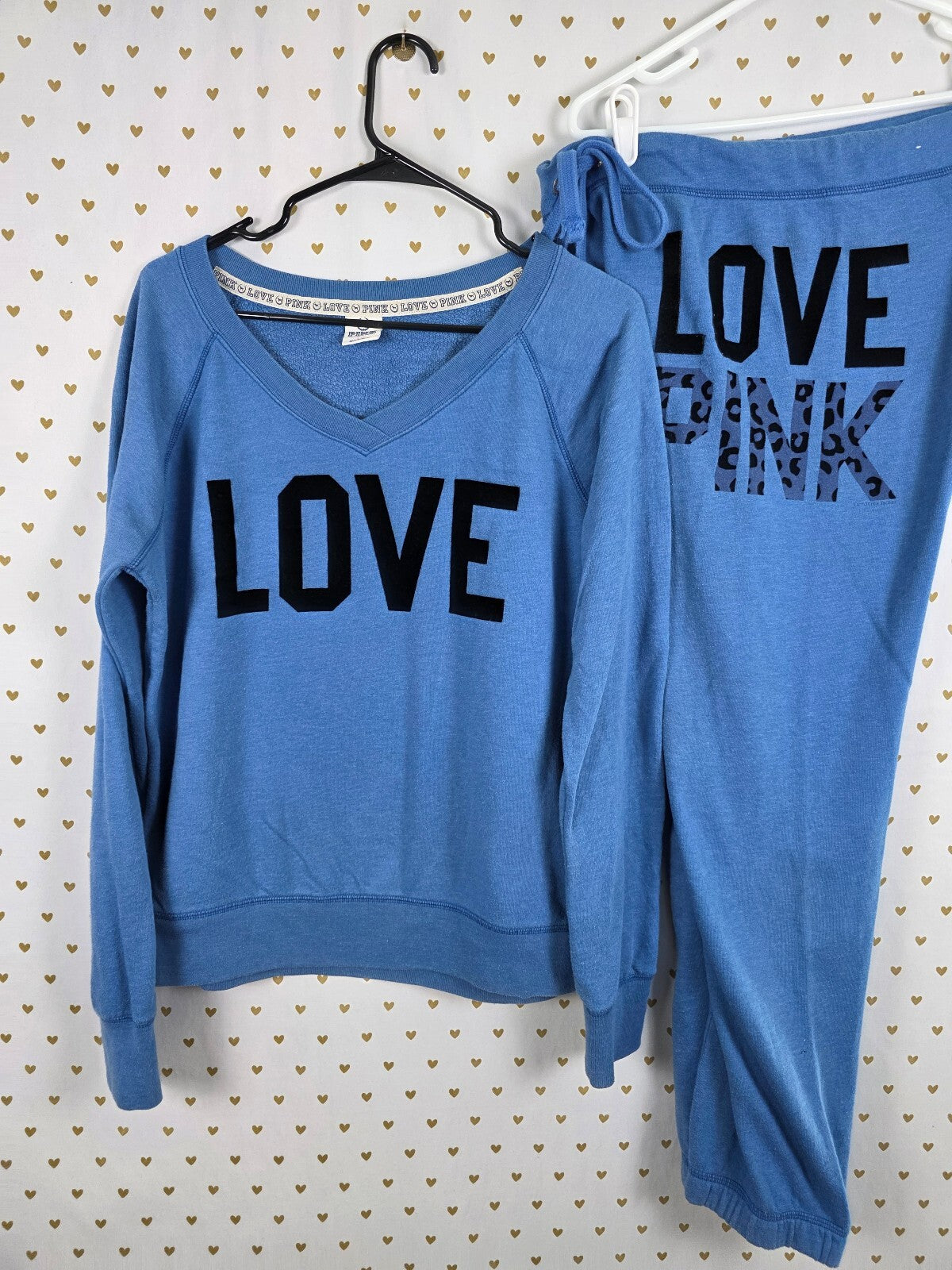 VS PINK LOVE PINK Leopard Sweatshirt Sweatpants Set Blue L/S