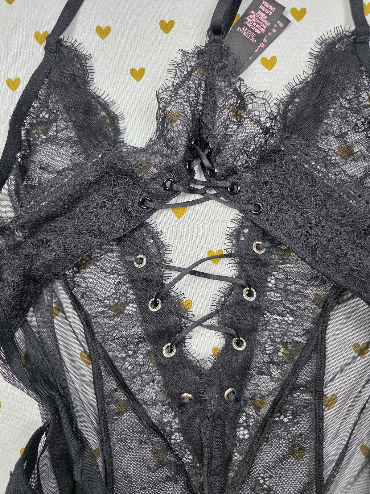 Victorias Secret Black Lace Strappy Sheer Teddy Nightie Bodysuit Small Snap