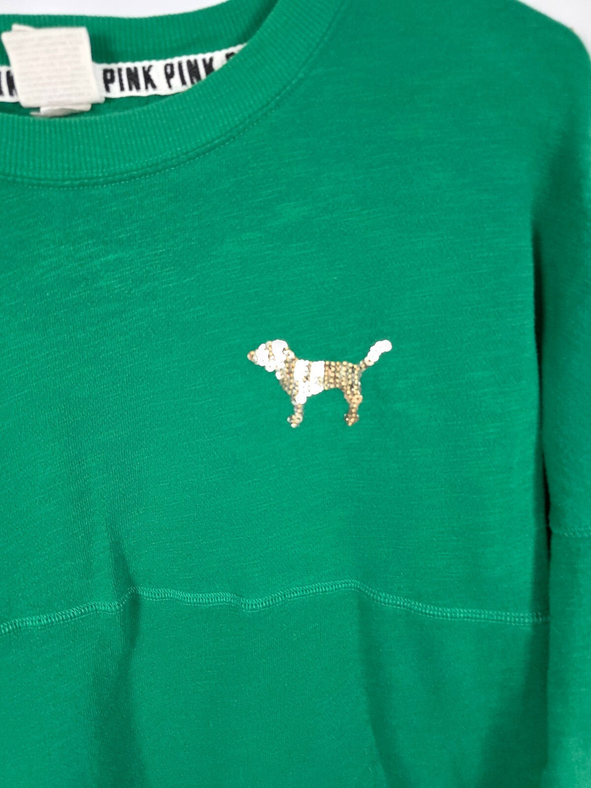 Victorias Secret PINK Green Campus BLING Dog Logo Tee shirt XS Oversized
