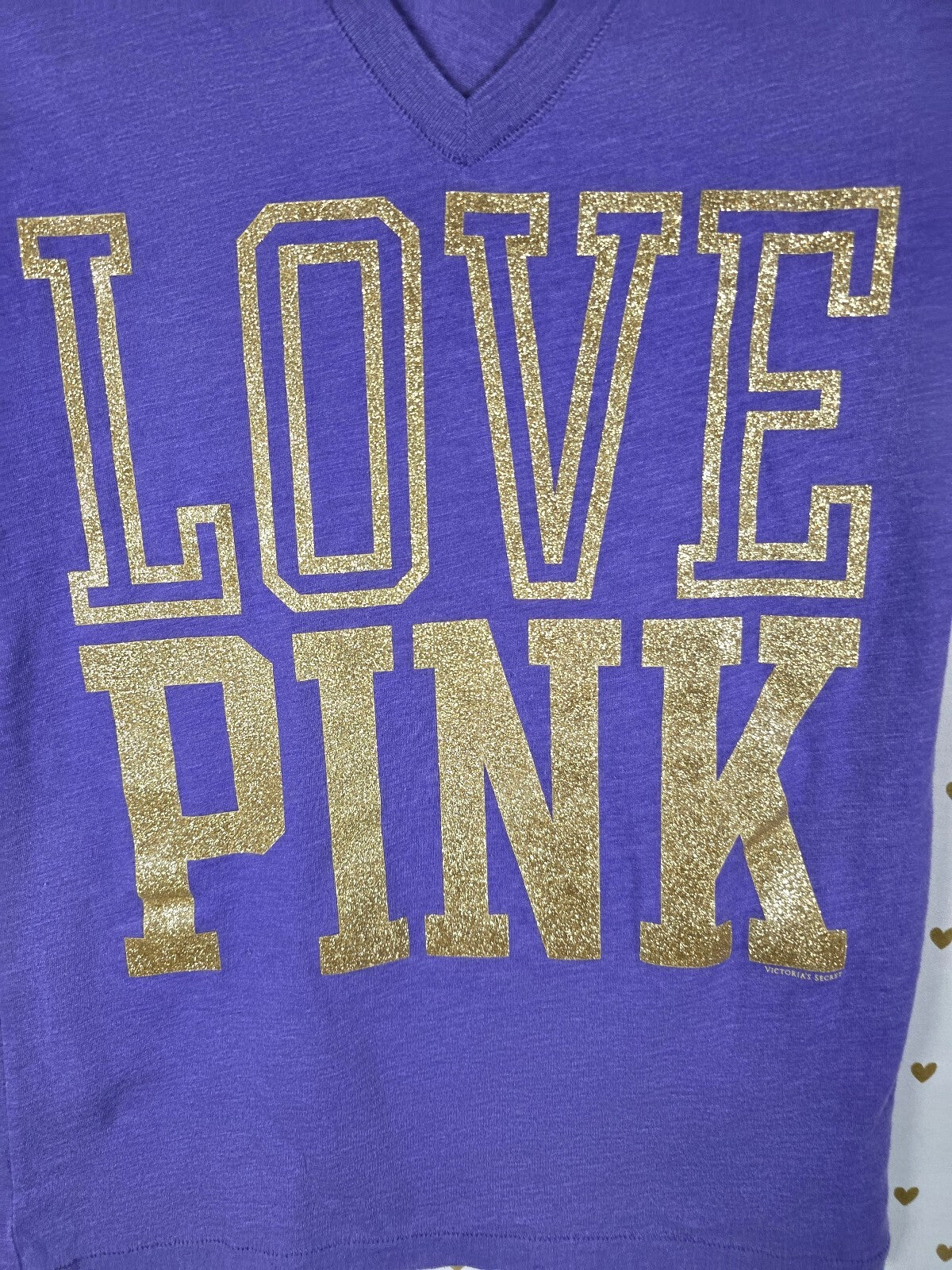 Victorias Secret PINK GLITTER BLING LOVE V neck Purple Tee shirt XS