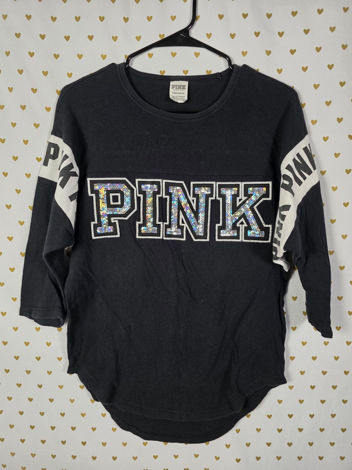 Victorias Secret PINK BLING Quarter Sleeve Logo Tee shirt Silver Sequined XS