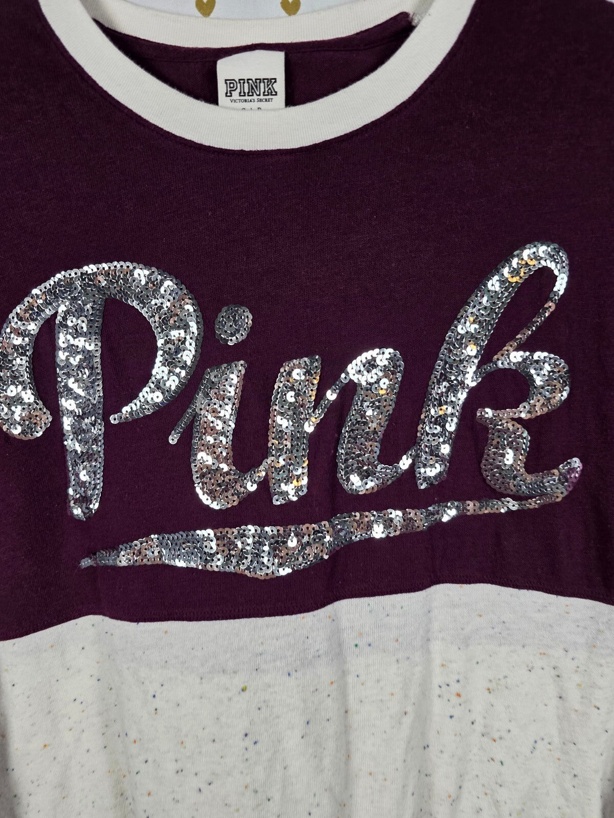 Victorias Secret PINK BLING Sequined Colorblock Long Sleeve Tee shirt SMALL