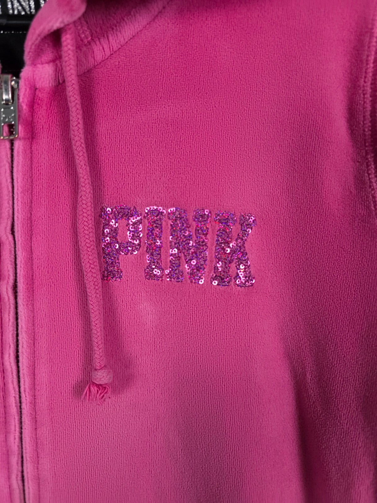 Victorias Secret Pink Velour Crest Bling Logo Full Zip Hoodie Jacket Medium