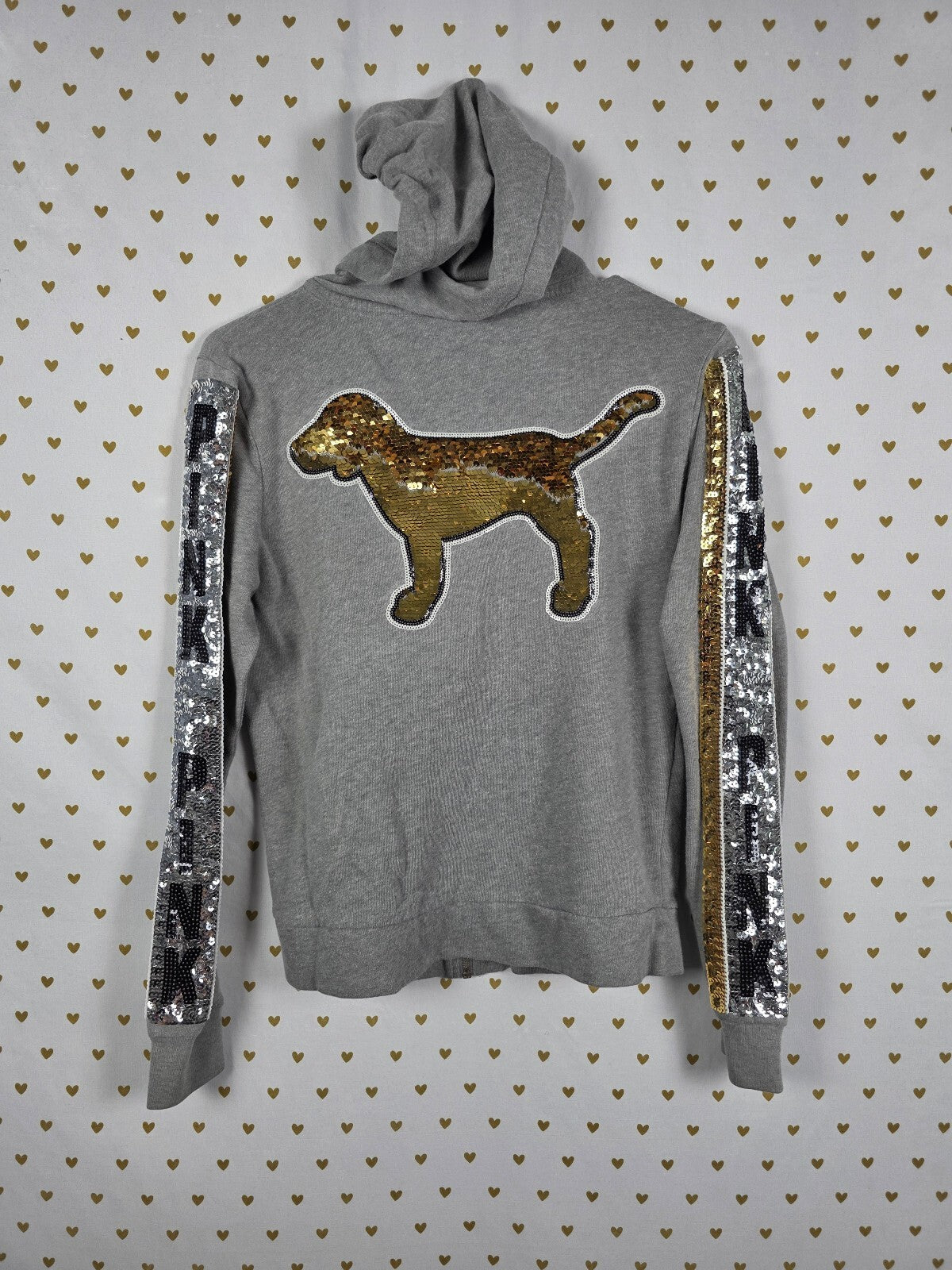 Victorias Secret Pink Full zip Gold Bling Hoodie Jacket Sequined Dog XS