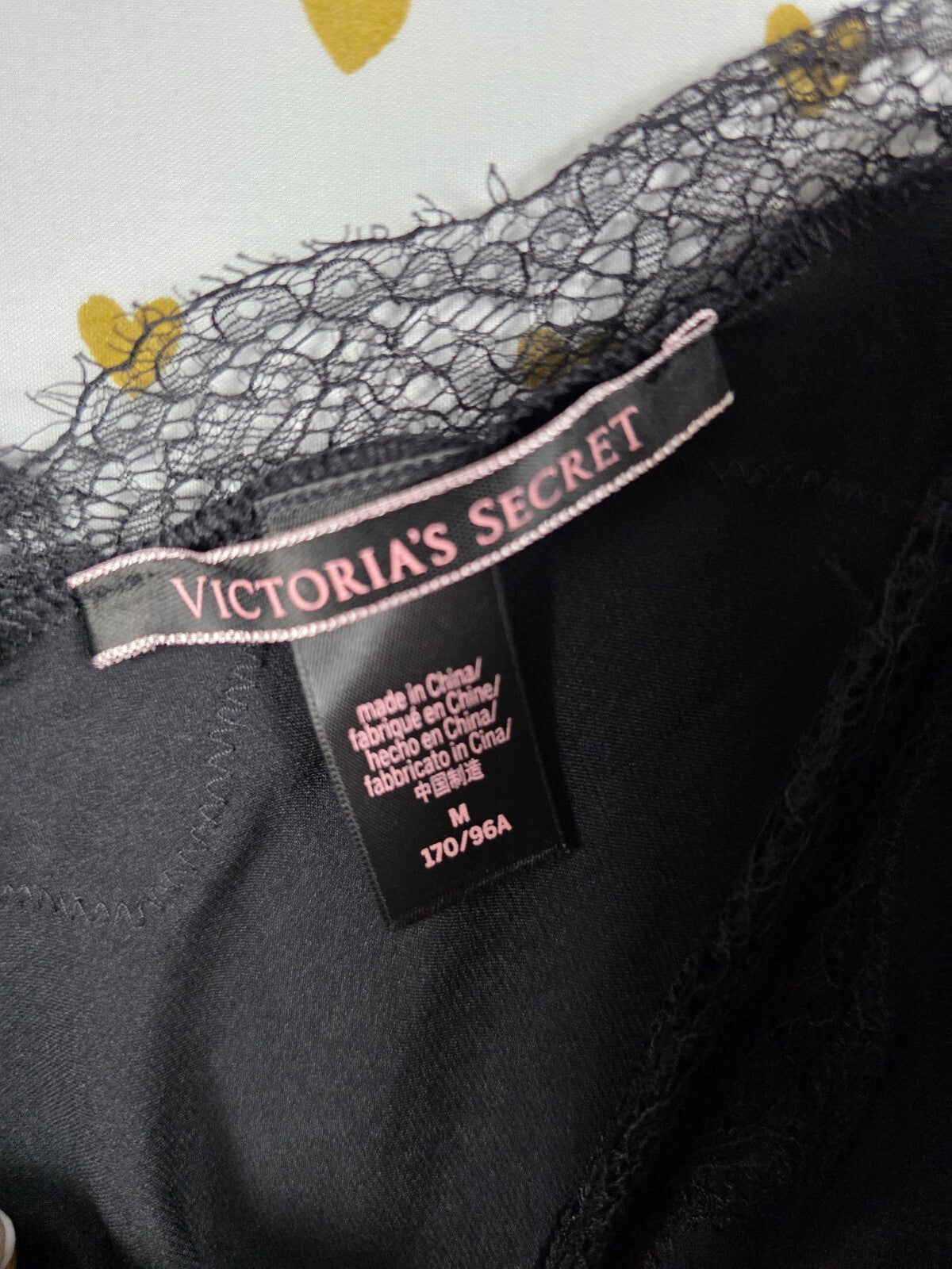 Victorias Secret Black Satin Slip Dress Medium Lace Accent Nightie