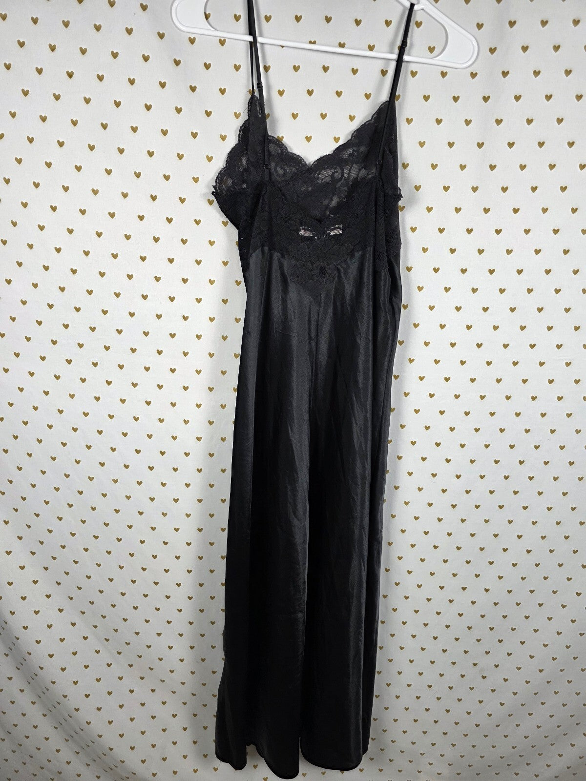 Victoria's Secret Black Satin Lace Maxi Nightgown Slip Gown L Vintage Heart