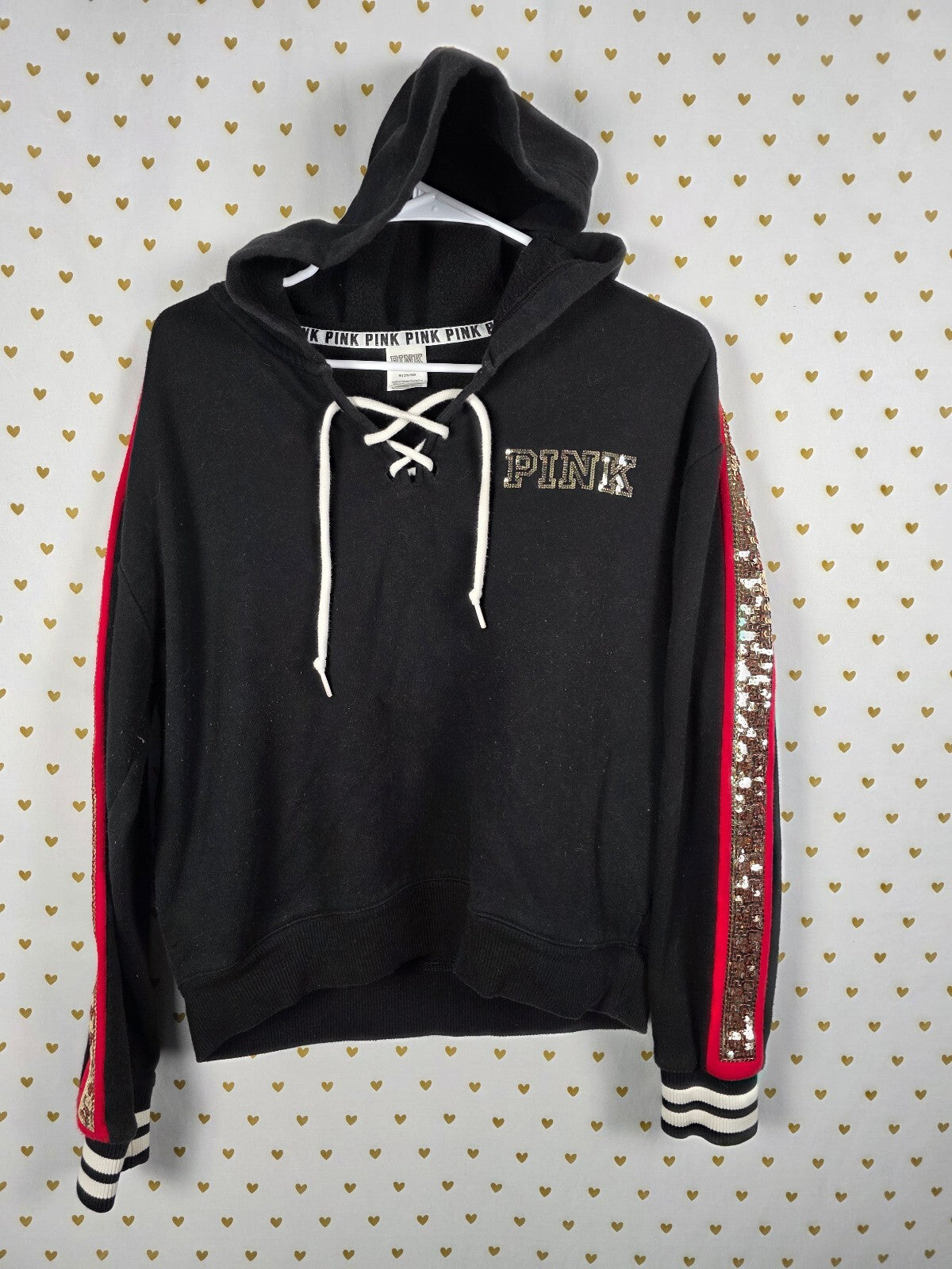 Victorias Secret Pink BLING Rose Sequin Pullover hoodie sweater Gold Medium