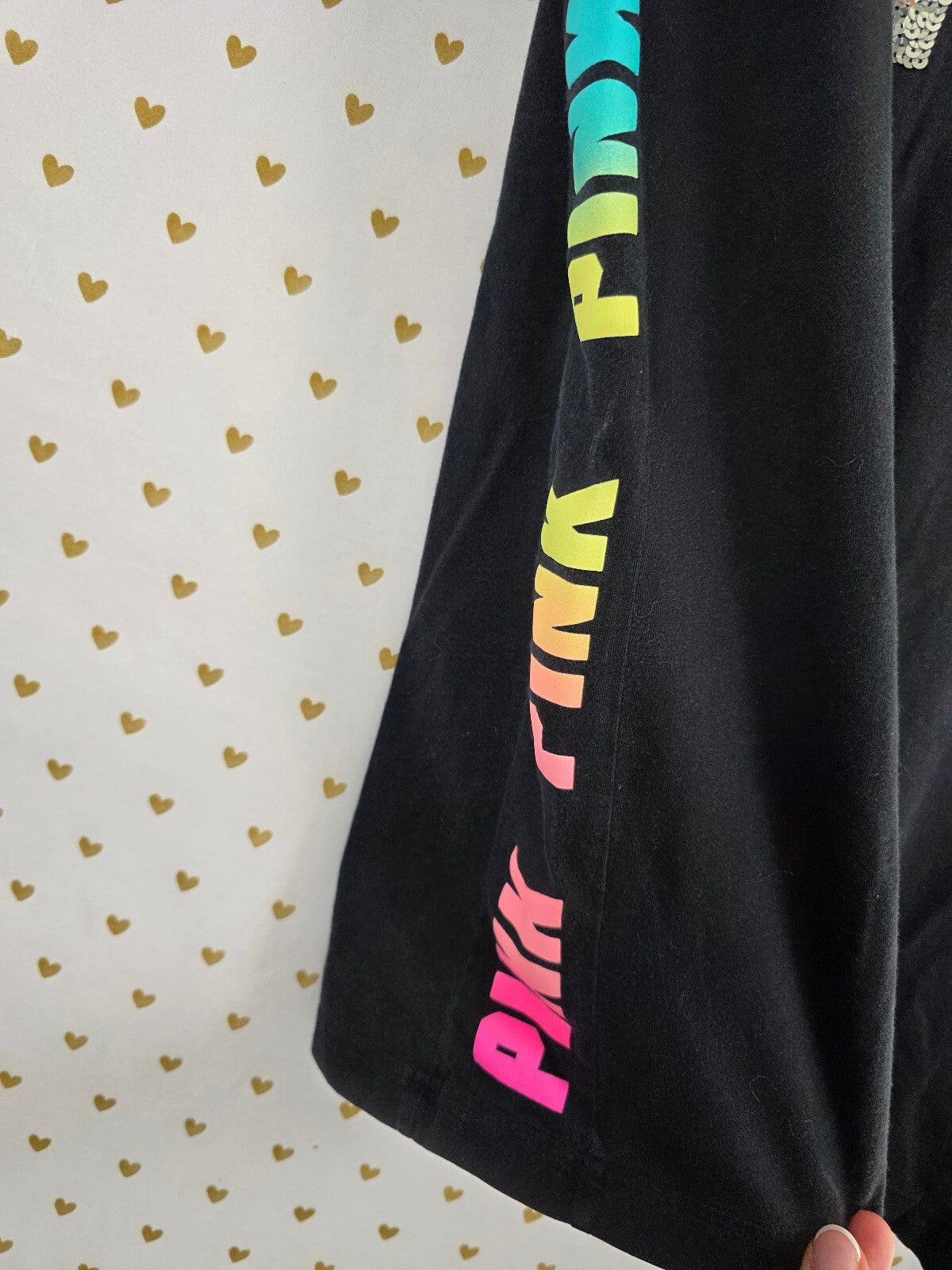 Victorias Secret PINK HTF Rainbow Logo Bling Sequined Tee shirt Small
