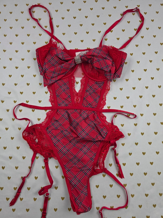 NWT Victoria's Secret Very Sexy Red Plaid Bow Lace Teddy Lingerie M NEW Bodysuit