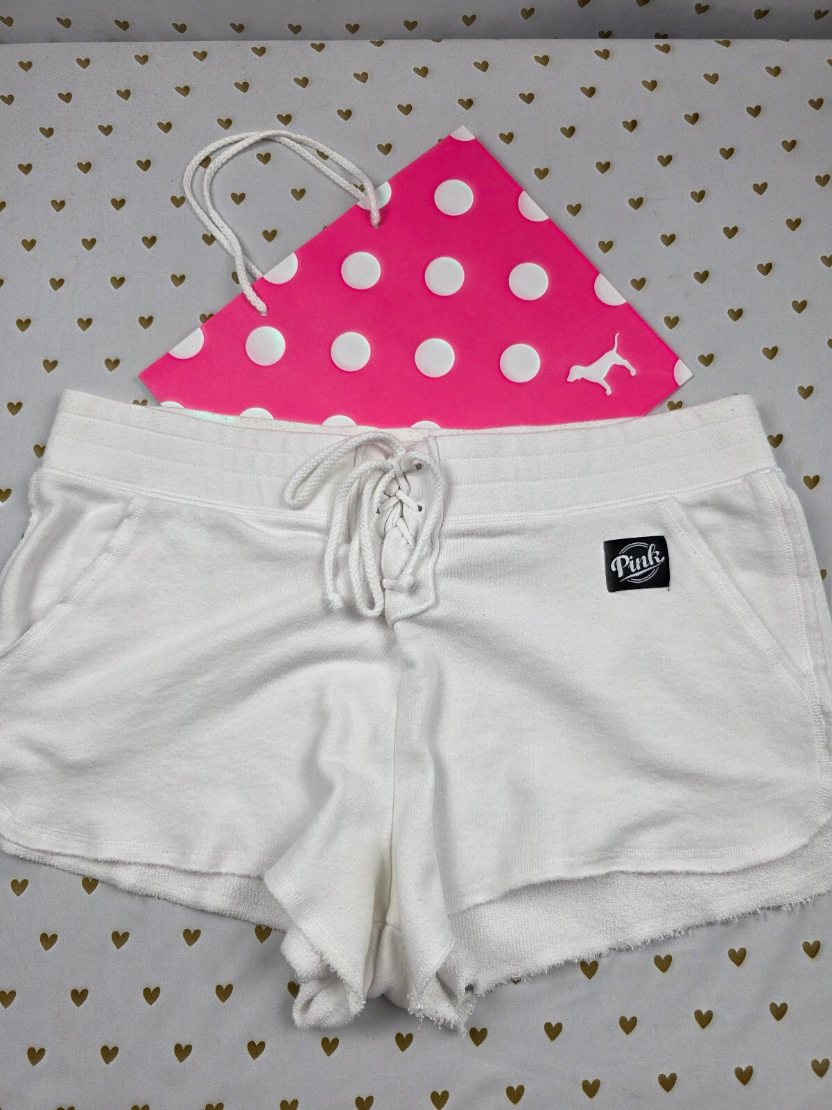 Victorias Secret PINK White Logo Lace front Sweat Shorts Large