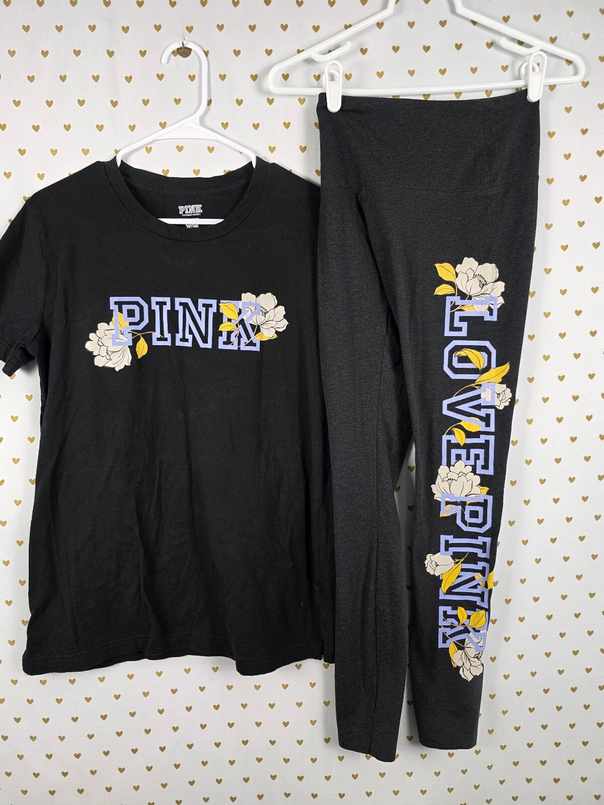 Victorias Secret PINK Floral Logo SET Tee shirt Yoga Pants XS SET OUTFIT