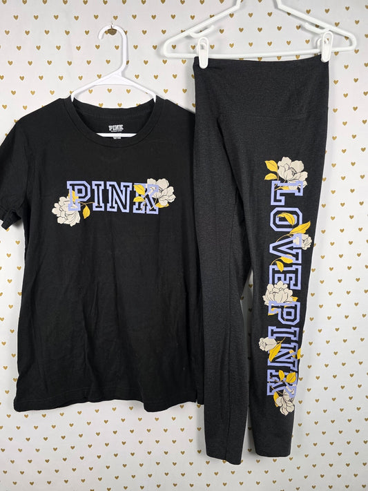 Victorias Secret PINK Floral Logo SET Tee shirt Yoga Pants XS SET OUTFIT