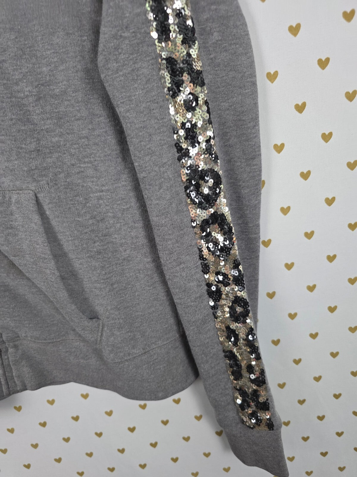 PINK Victoria's Secret Sequin Leopard Sleeve Zip Hoodie LOVE PINK Gray Small