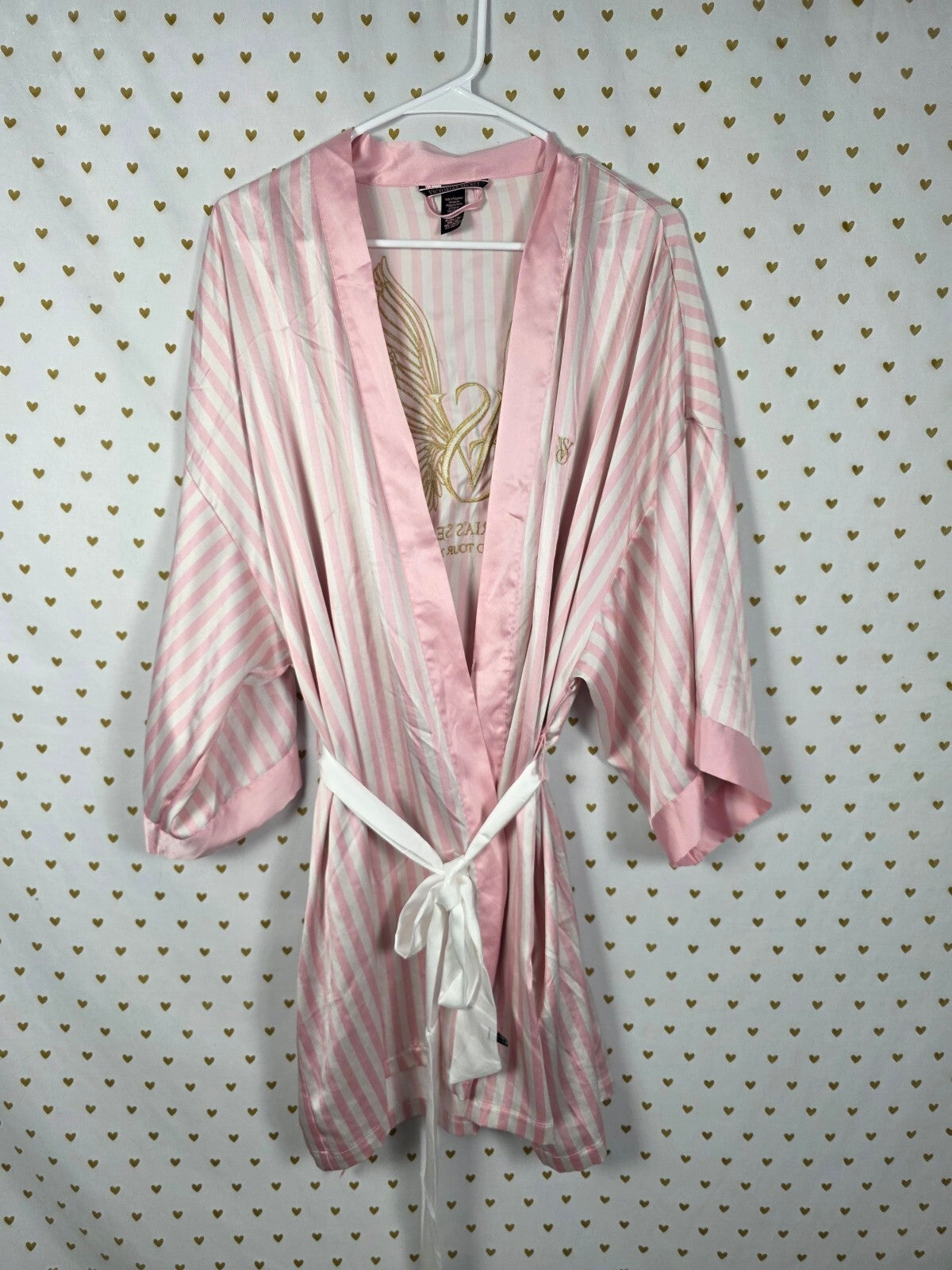 Victoria's Secret World Tour 2023 Pink Stripe Satin Robe Gold Wings Belt XL XXL