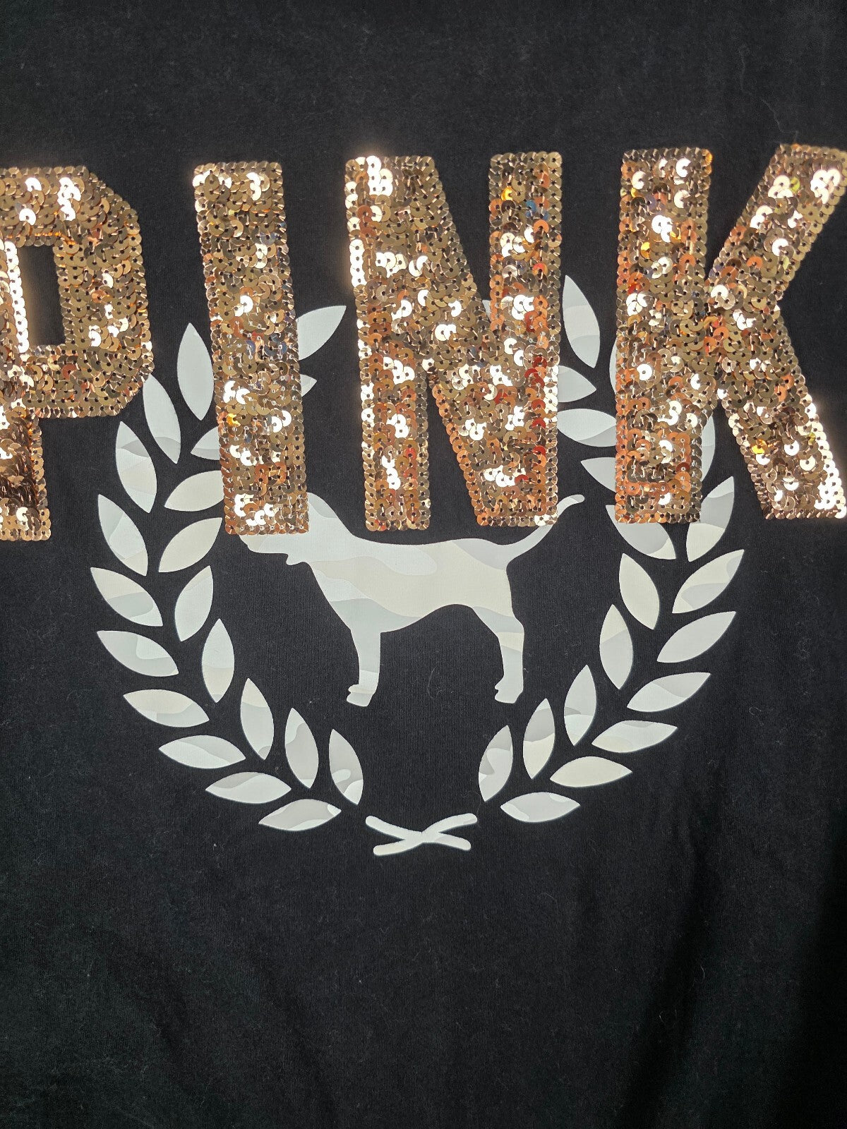 Victorias Secret PINK BLING GOLD Sequin Pocket Tee Shirt black SMALL