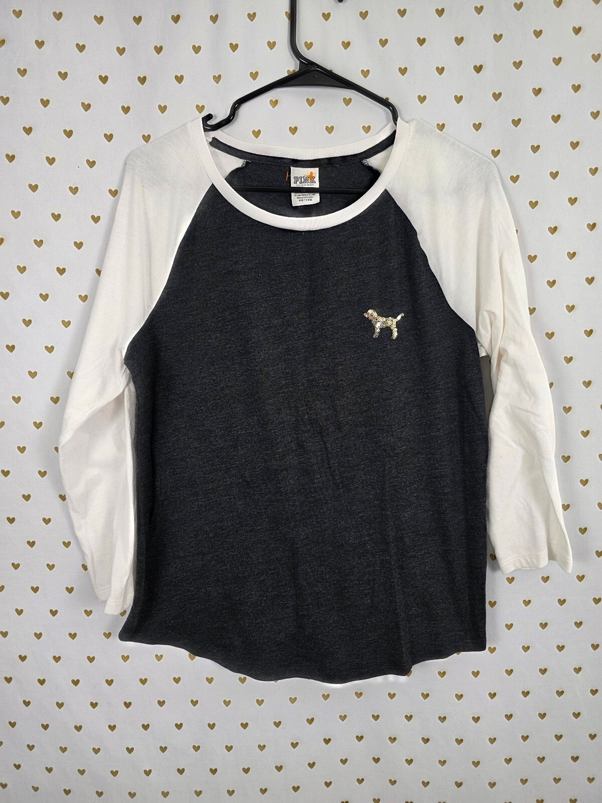 Victorias Secret PINK Gold Bling Logo Raglan Quarter Sleeve Tee shirt Large
