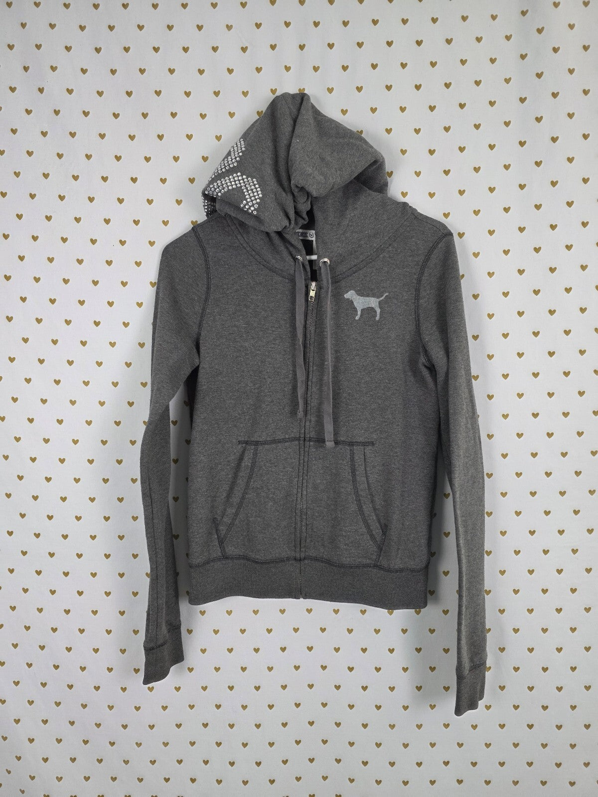 Victorias Secret Pink Vintage Grey Bling Y2k Studded Heart Jacket Hoodie Small