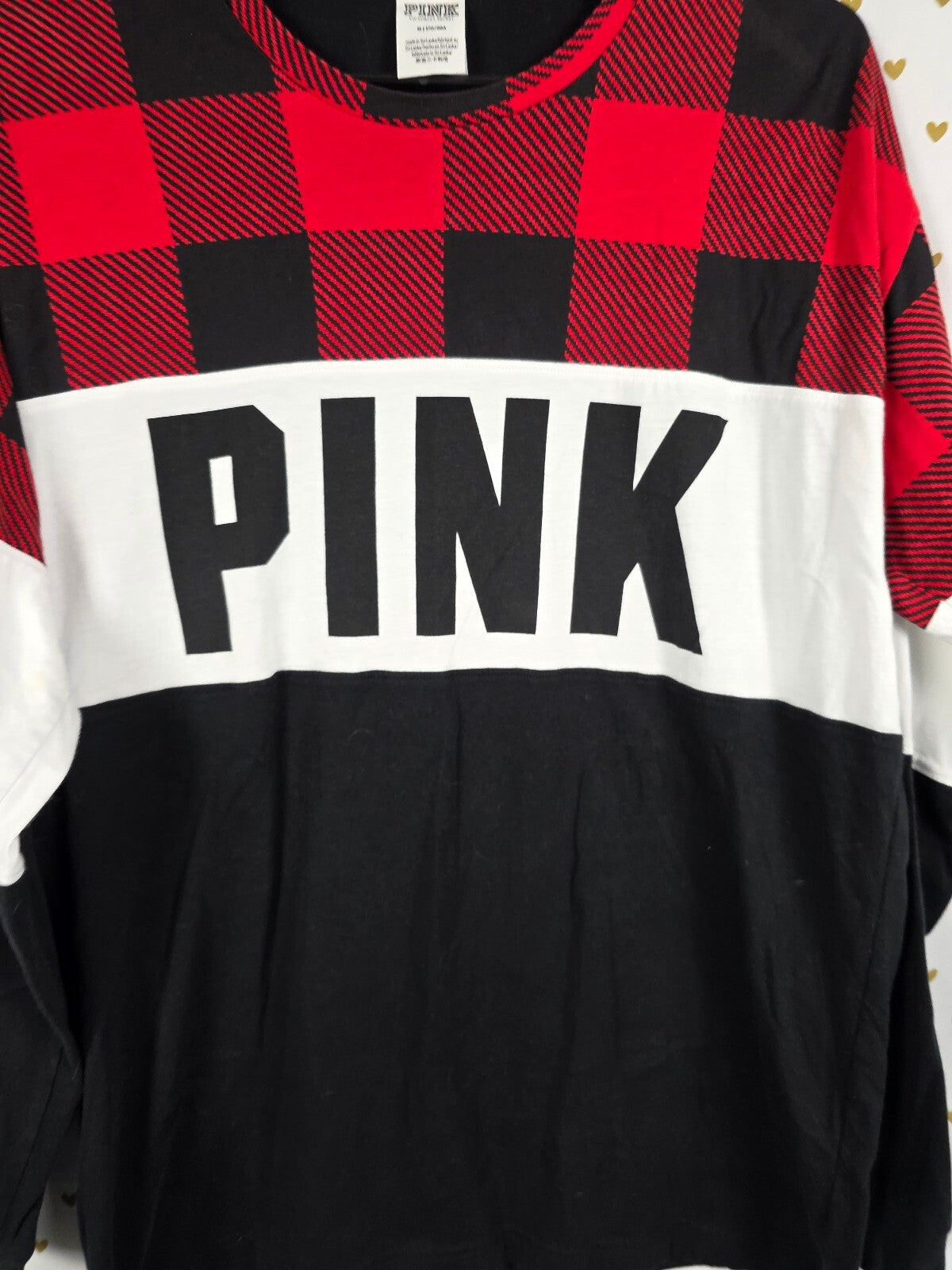 Victorias Secret PINK Buffalo Plaid Long sleeve Logo Tee Shirt Oversized MED