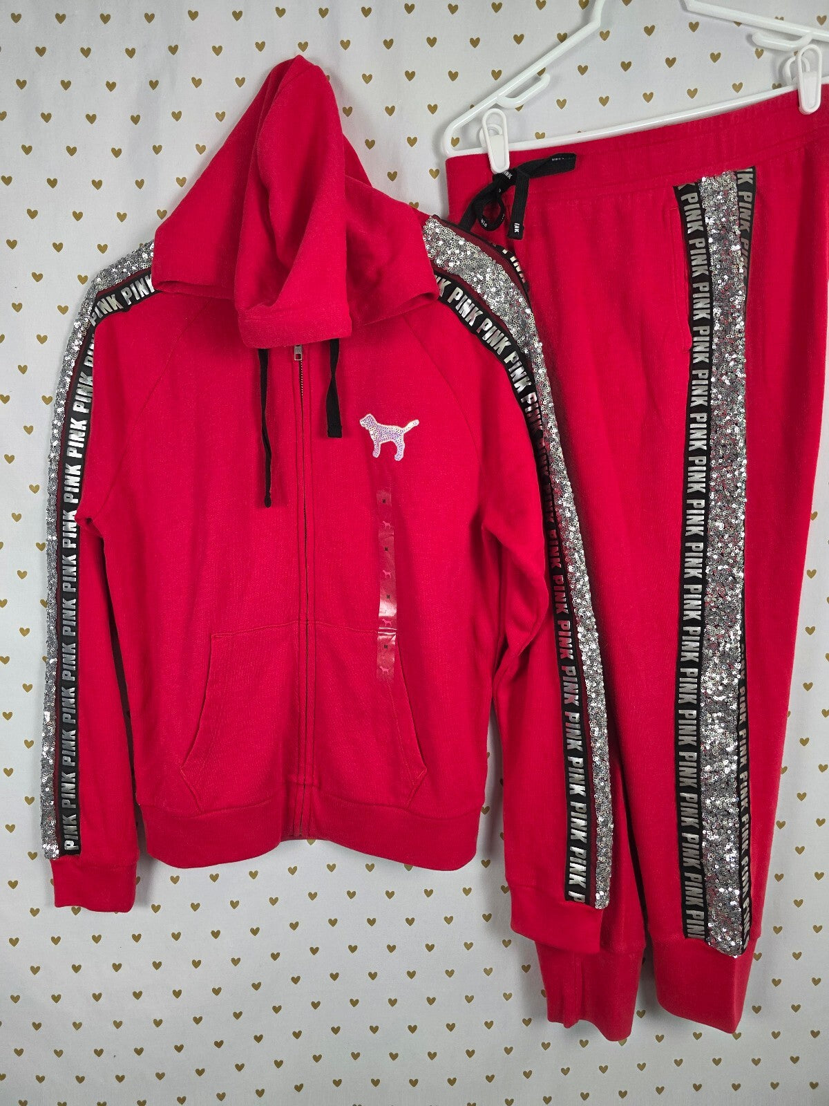 Victorias Secret Pink Red MERMAID Bling SET NEW Full Zip Hoodie Sweats MEDIUM