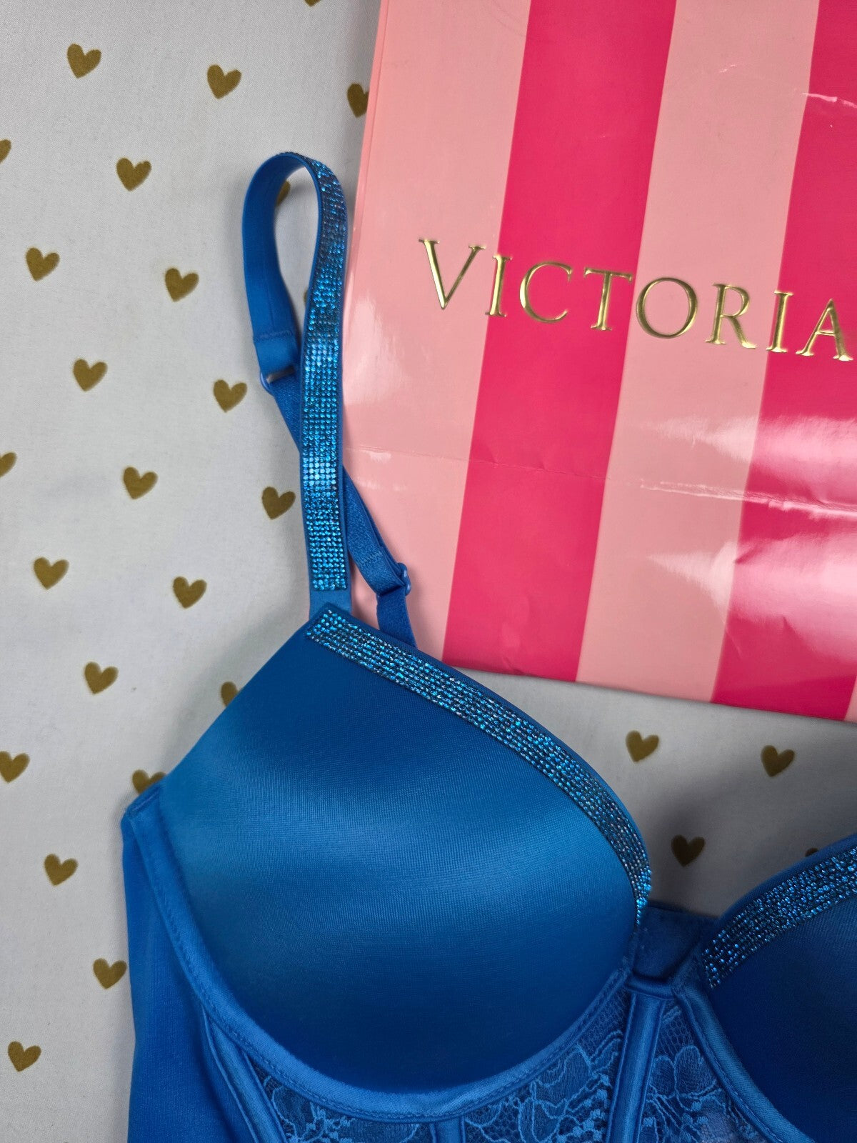 Victoria's Secret Bombshell Push Up Corset Bustier 34B Blue Rhinestone BLING