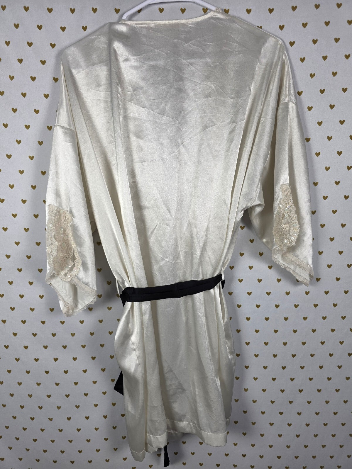 Victorias Secret Satin Silky Robe White VINTAGE Heart Label embellished SEQUIN