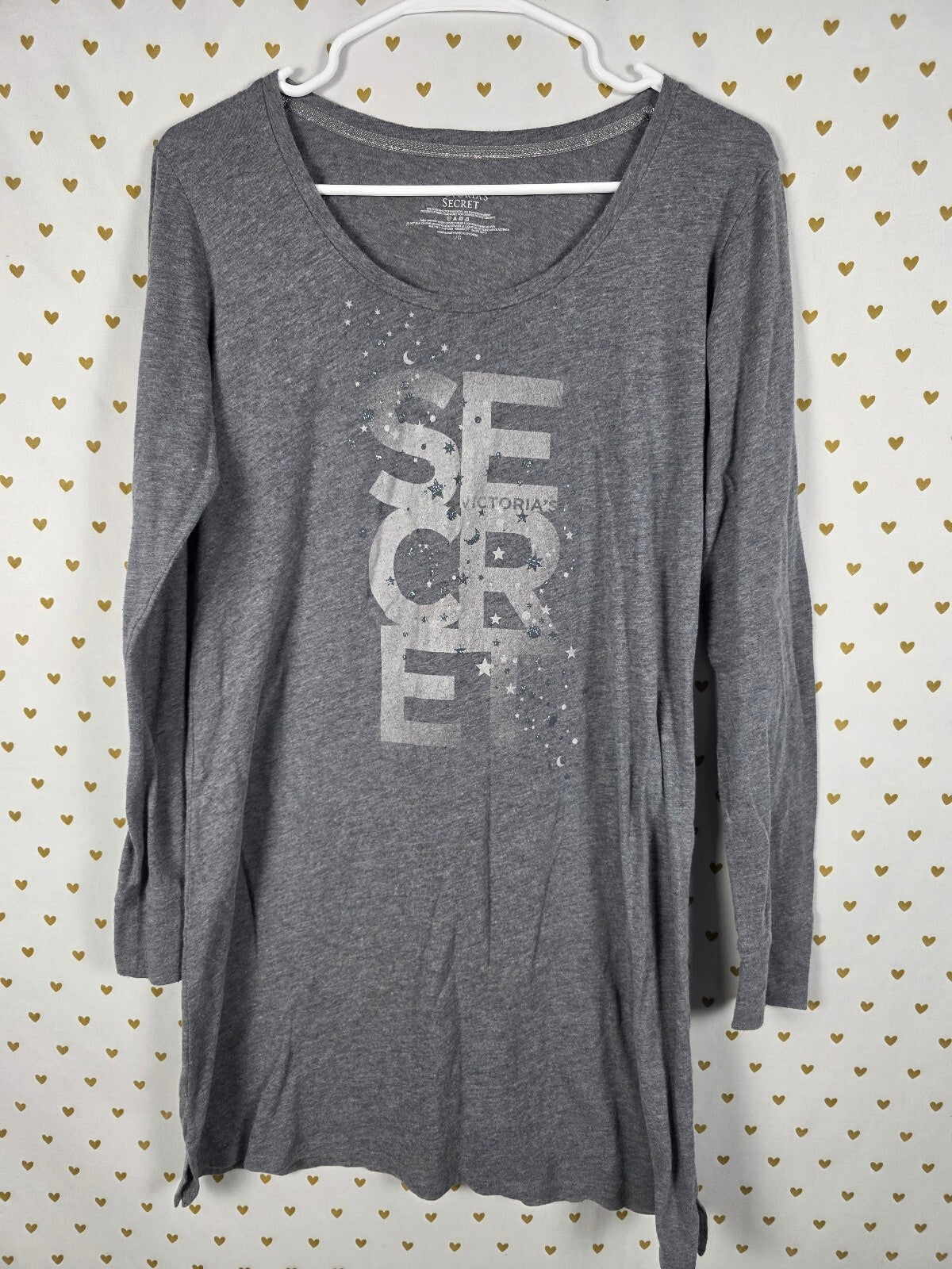 Victorias Secret Bling Grey Soft Long Sleeve Sleep Shirt nightgown Large