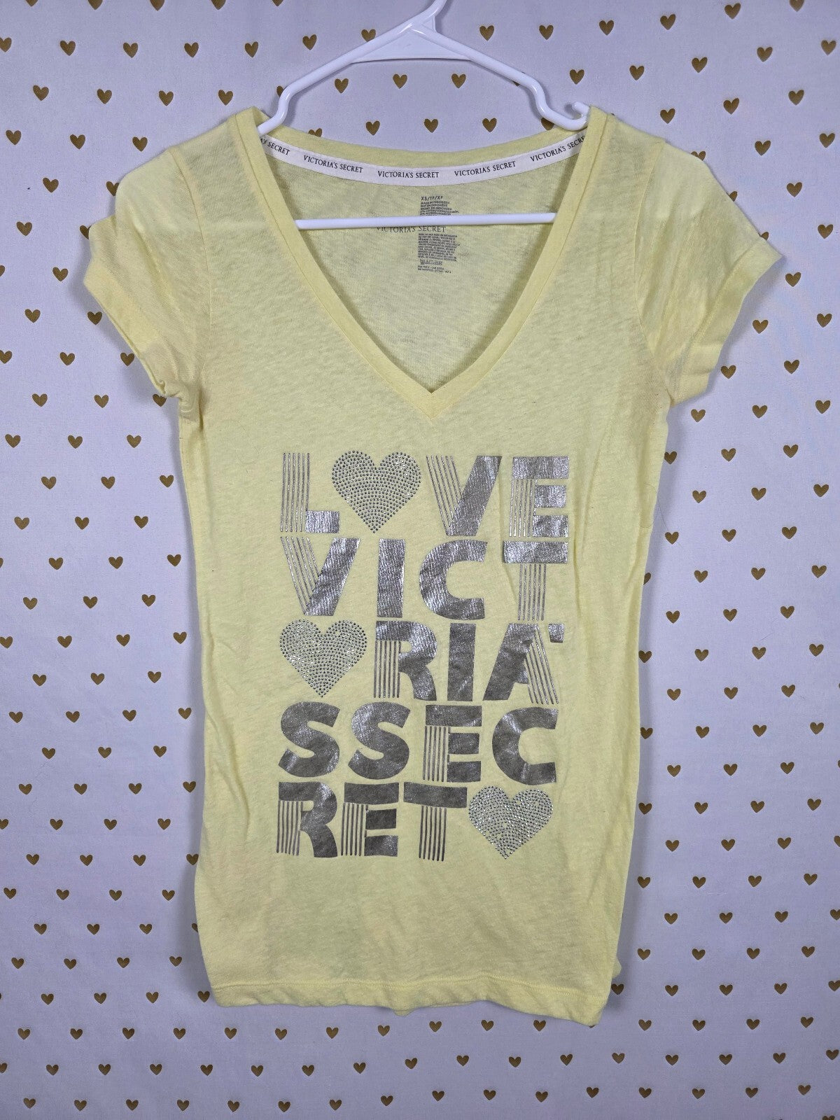 Victorias Secret Yellow V neck Bling Essentials Logo Tee shirt XS