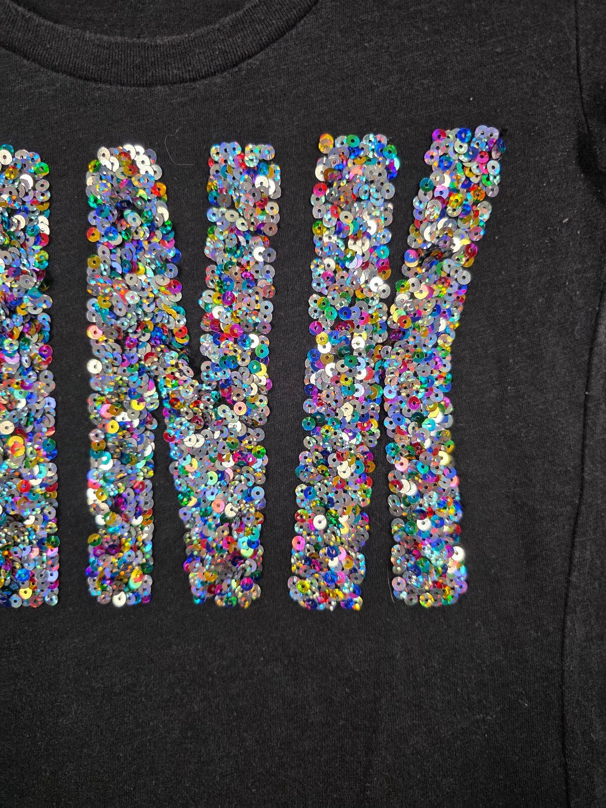 Victorias Secret PINK Black BLING Rainbow Sequined Tee shirt XS