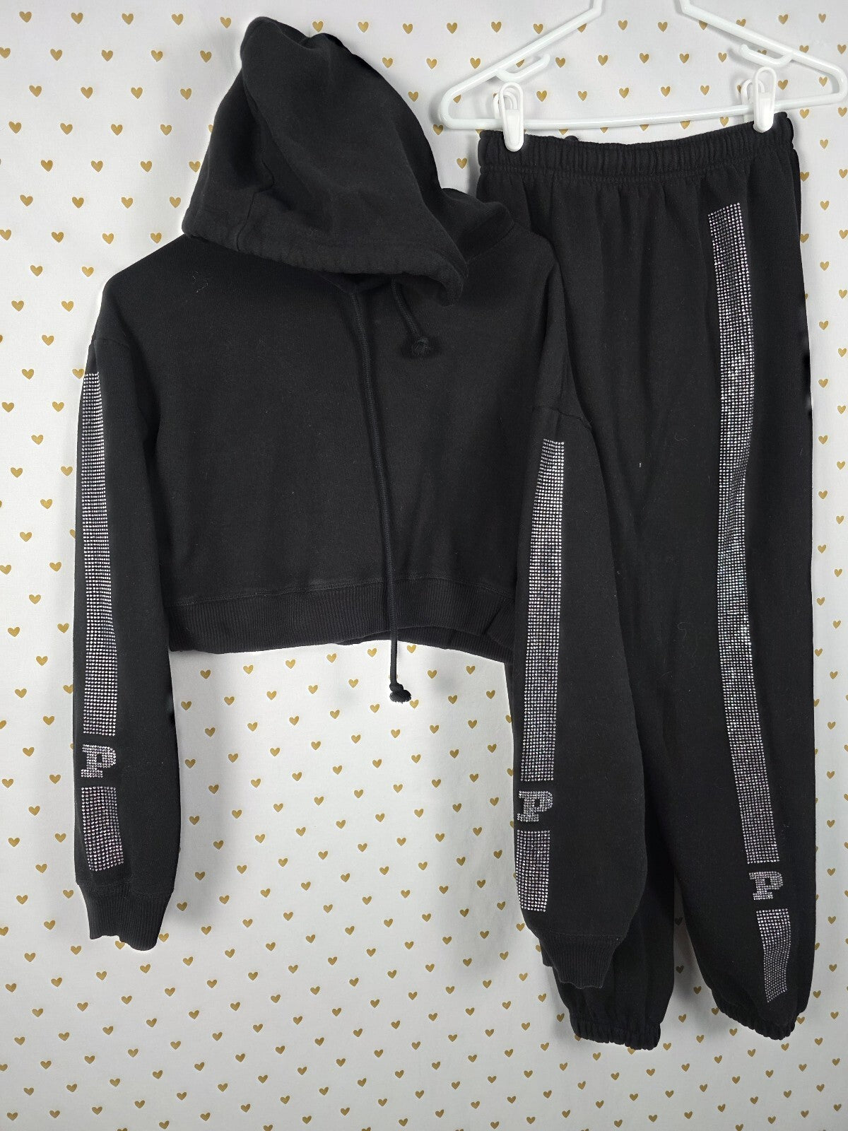Victoria's Secret PINK Black Rhinestone Stripe Hoodie Jogger Set XS Bling