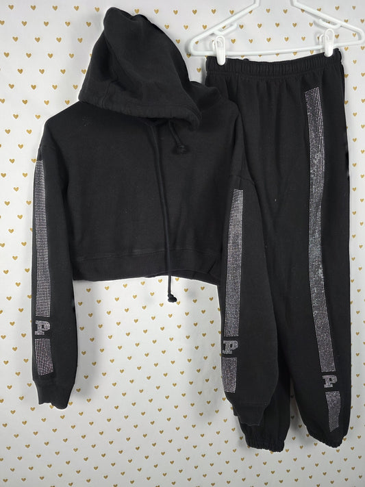 Victoria's Secret PINK Black Rhinestone Stripe Hoodie Jogger Set XS Bling
