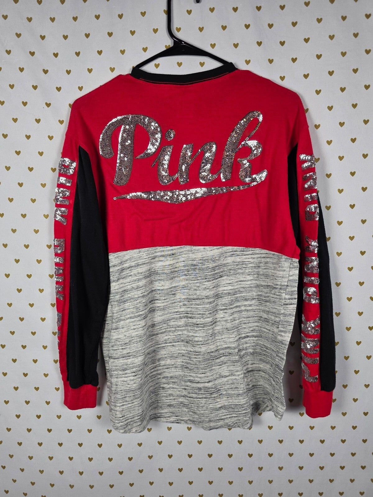 Victorias Secret PINK Red Bling Logo Long sleeve Colorblock tee shirt Small