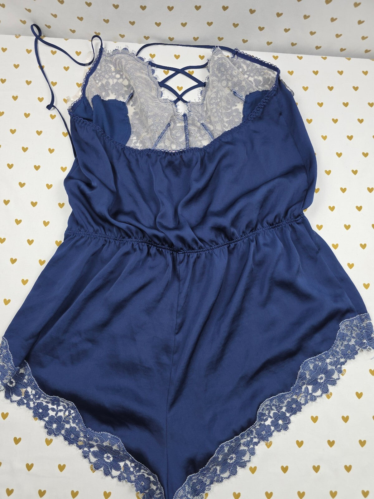 Victorias Secret Blue Sexy Sartin Lace Teddy Romper Bodysuit Lingerie LARGE