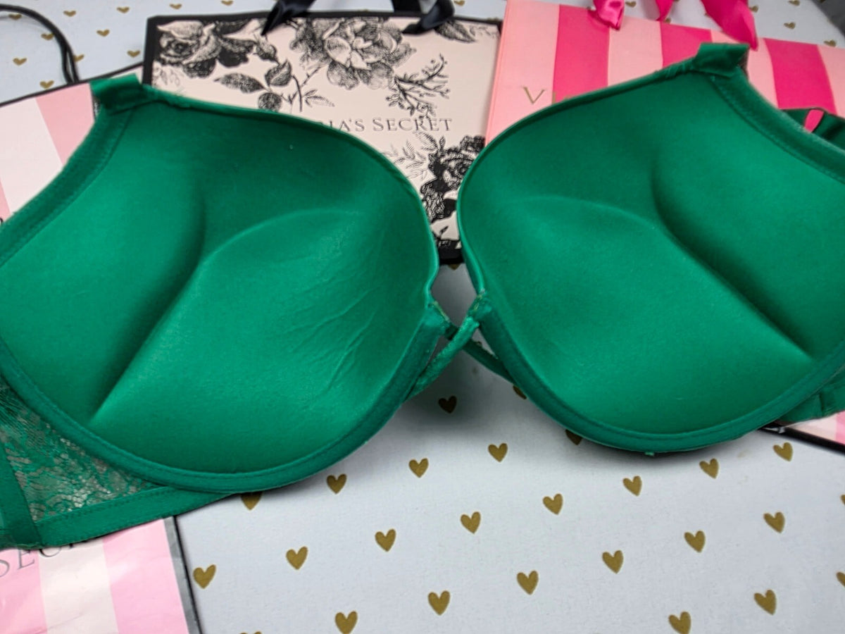 Victorias Secret Green Bombshell add 2 Sizes Bling Strap Bra Push Up 38DD Plunge