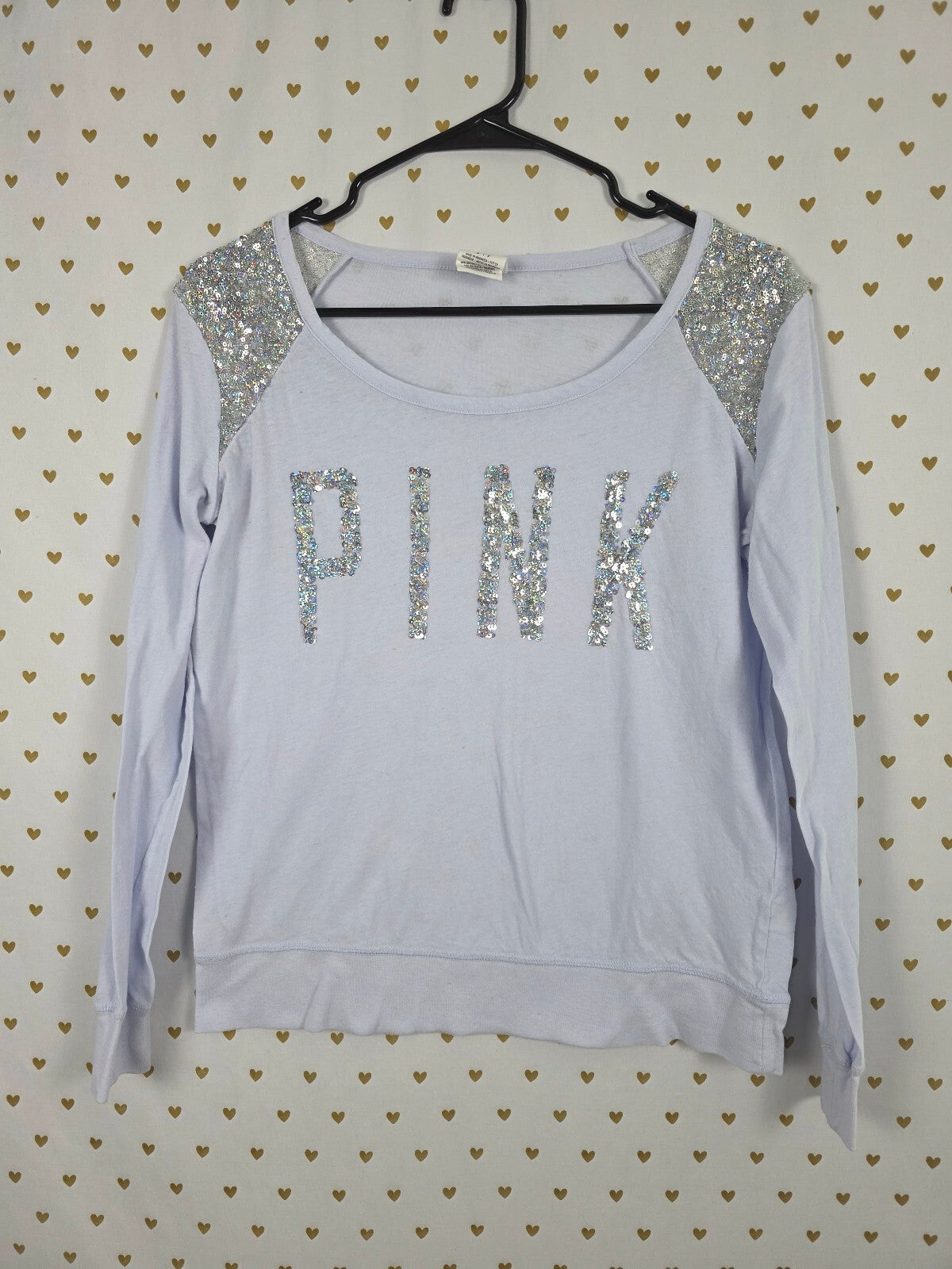 Victorias Secret PINK BLING Long Sleeve Logo Tee shirt sequined SMALL