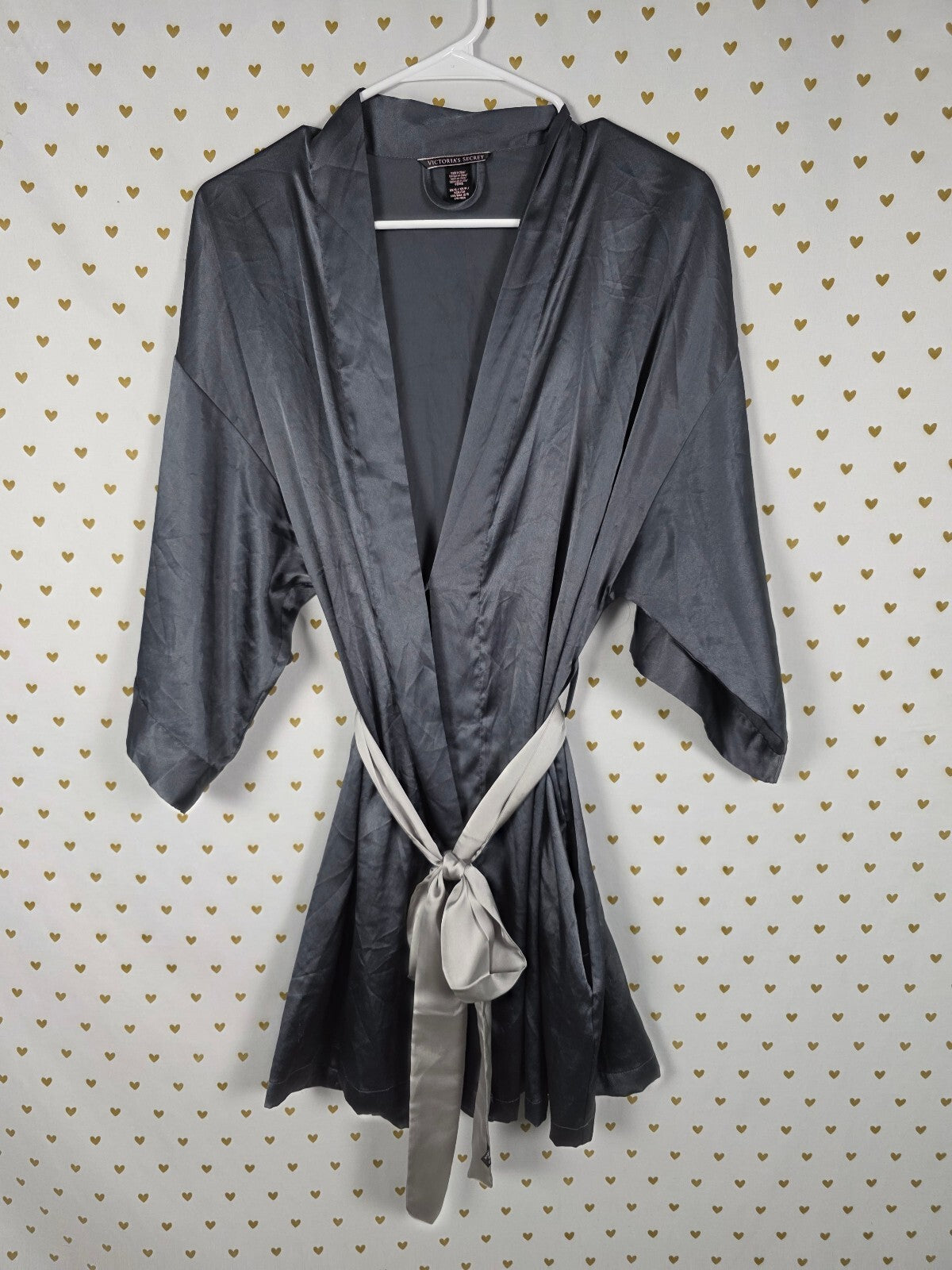 Victorias Secret Satin Silky Robe Grey Lounge Wrap Kimono XS SMALL