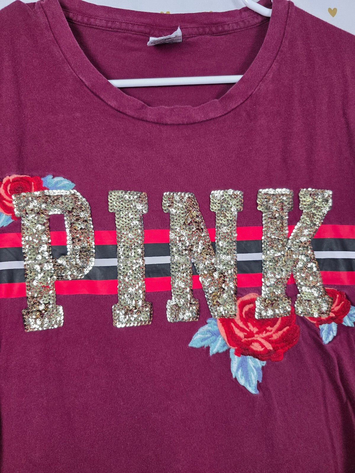 Victorias Secret PINK Maroon Rose BLING Sequined Tee shirt Logo Medium