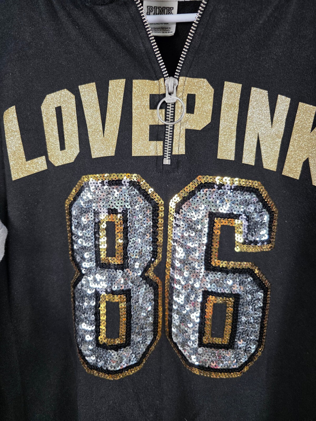 Victorias Secret Pink 86 BLING Sequined Pullover Quarter zip Hoodie Sweater SM