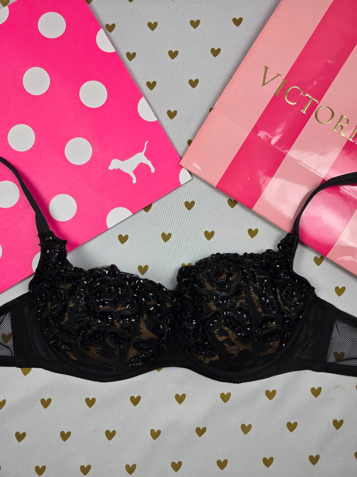 Vintage 2002 Victoria's Secret Black Beaded Lace Bra 34A Embroidered Y2K Leopard