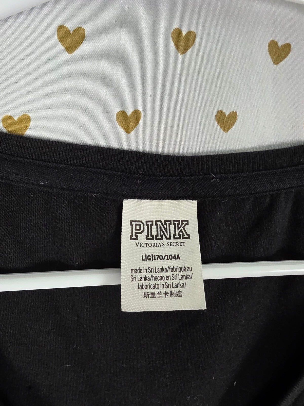 Victorias Secret PINK Bling Dogs Studded V neck Black Tee shirt Large