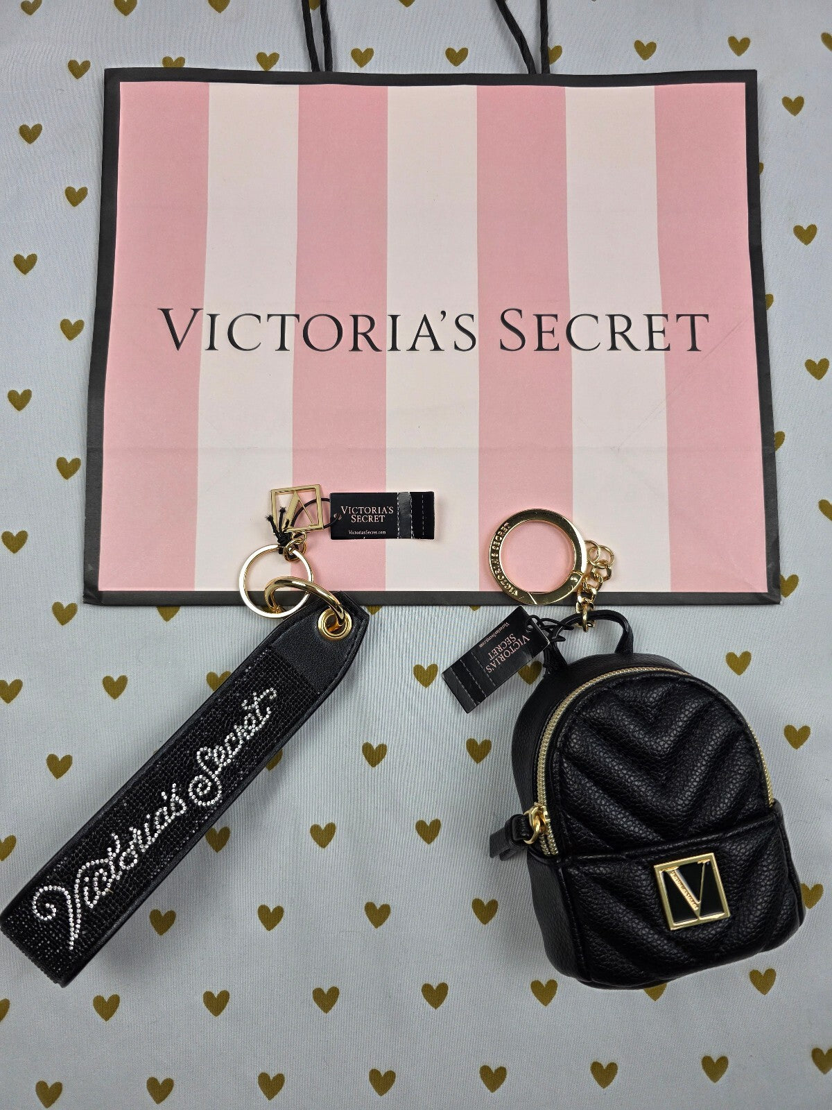 Victoria Secret BLING wristlet strap keychain Logo & Backpack Pouch NEW NWT SET