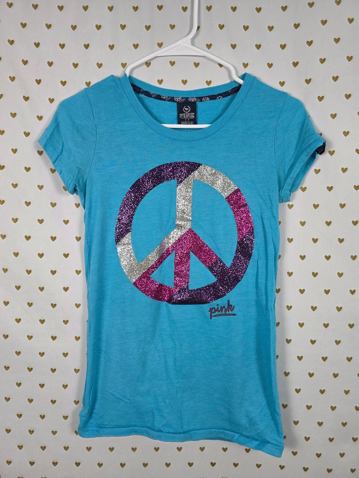 Victorias Secret PINK Vintage Bling Glitter Peace tee shirt Blue SMALL cotton
