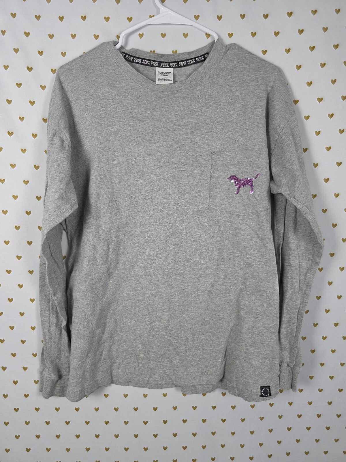 Victorias Secret PINK Purple DOG LOGO Bling Campus Long Sleeve Pocket Tee MEDIUM