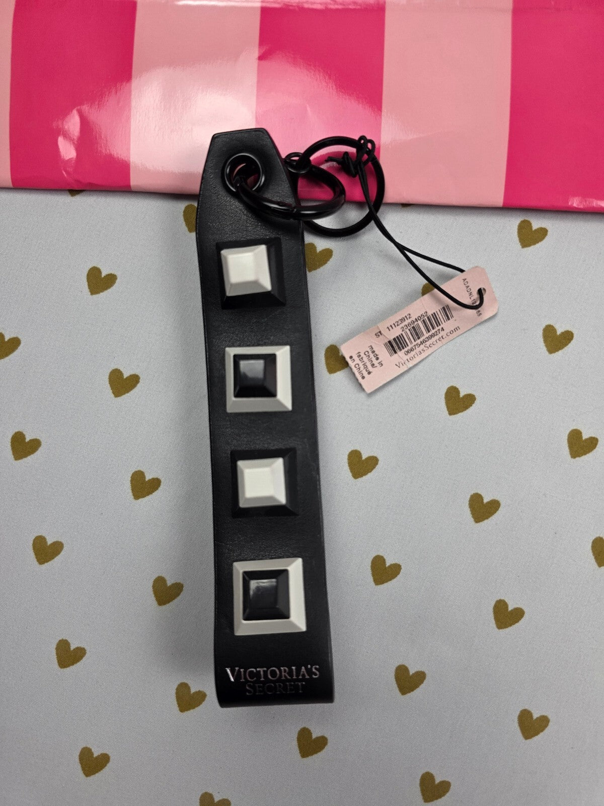 Victoria Secret BLING wristlet strap keychain Logo Black Studded Handle New NWT