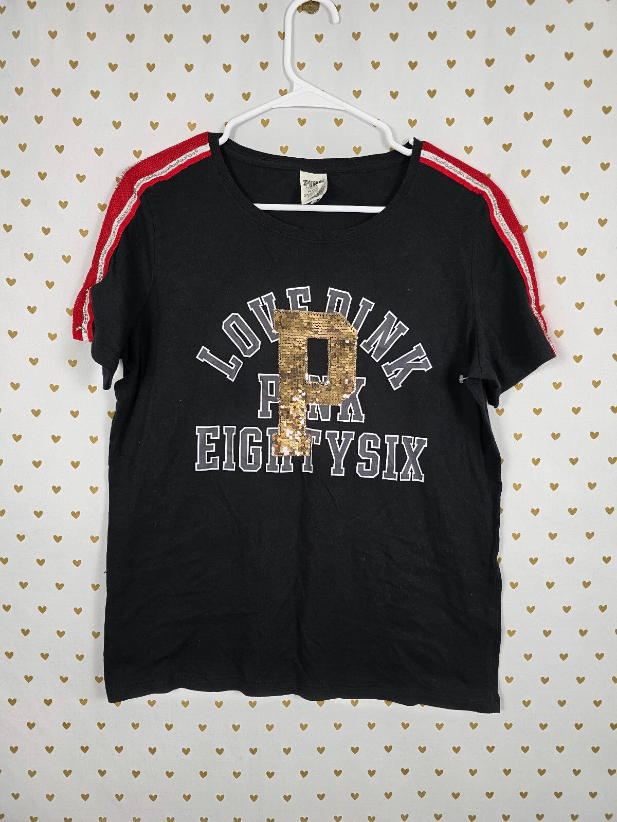 Victorias Secret PINK Gold BLING Sequin Logo Tee Shirt 86 LARGE