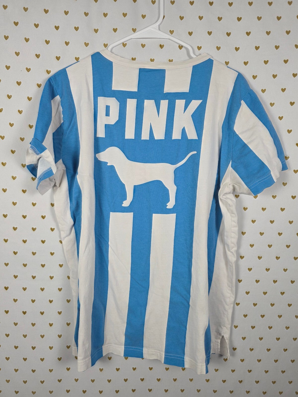 Vintage Victoria's Secret PINK Blue White Stripe Lace Up Dog Tee Shirt Large