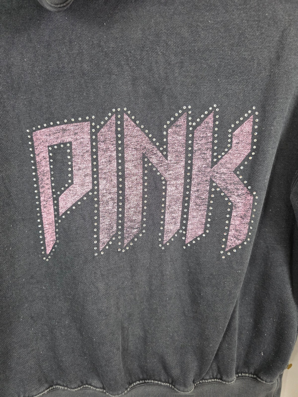 Victoria's Secret PINK Hoodie XS Black Rhinestone BLING Metallic Logo Zip Up