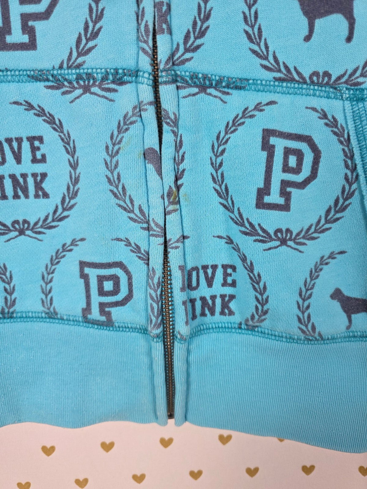 Victoria's Secret PINK Hoodie Full Zip Blue All Over Print Dog Logo Small