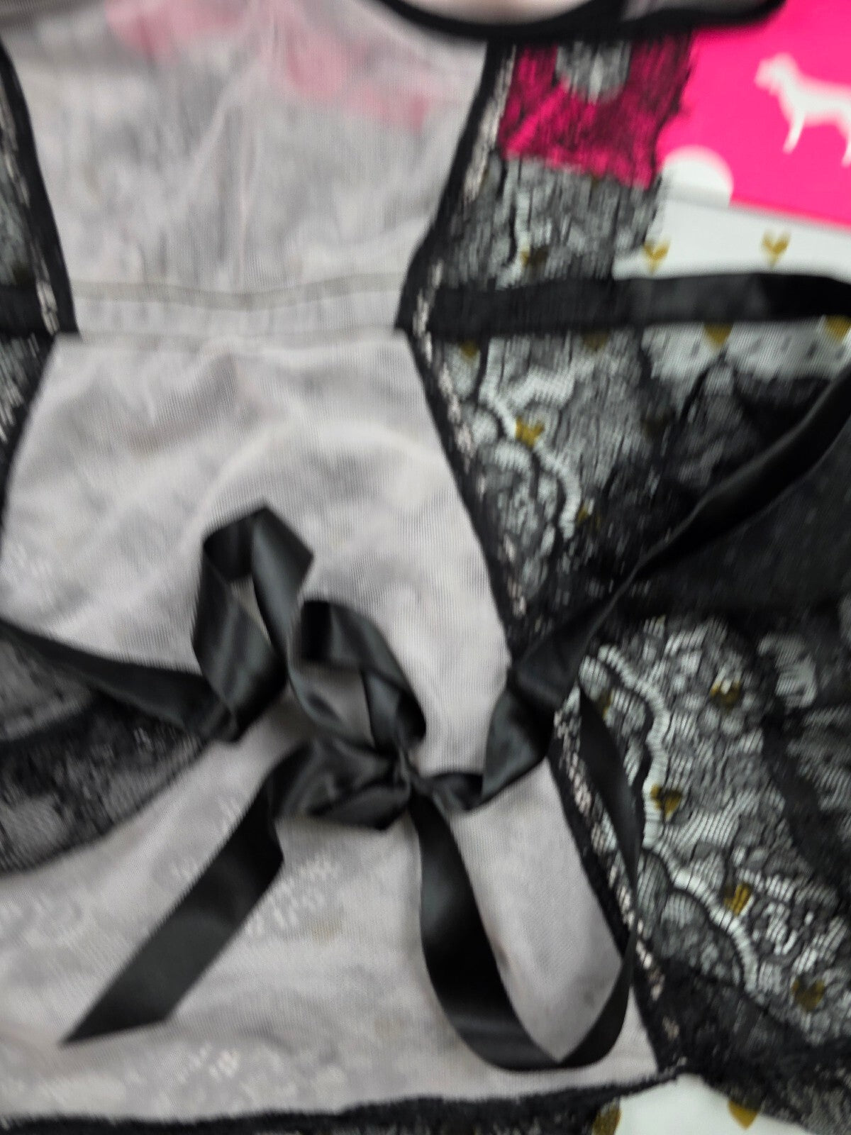 Victoria’s Secret Black Lace Corset Bustier Garter Lingerie XL Pink Ribbon